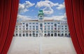 Open theater red curtains against the most important square in Trieste called